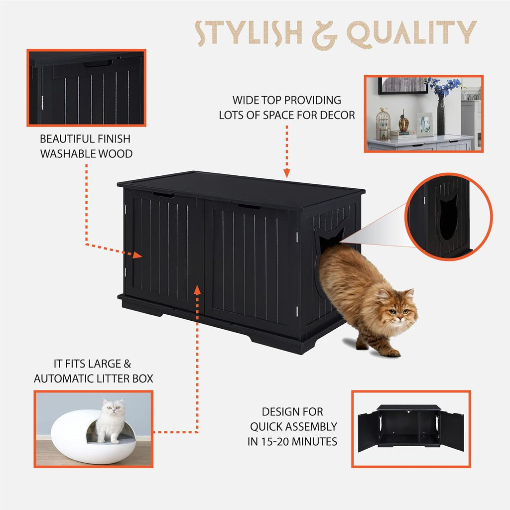 X-Large Designer Cat Washroom Storage Bench Cat Litter Box Enclosure Furniture Box House with Table, Big Enough for Automatic Litter Box or Two Litter Boxes.
